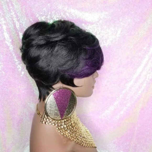 Purple Hair Pixie Cut Hairstyle Swoop Bang Fashion Trend Glueless Wig - Picture 3 of 7